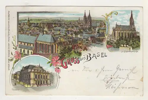 AK Schweiz Lithographie Gruss aus Basel Theater St. Elisabethen Kirche 1898