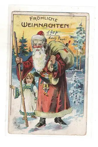 AK Weihnachten ; Fröhliche Weihnachten 1907 Weihnachtsmann mit Engel