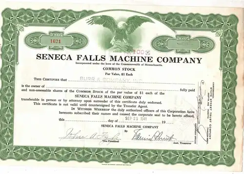 Historische Aktien ; USA Seneca Falls Machine Company, Seneca Falls, NY