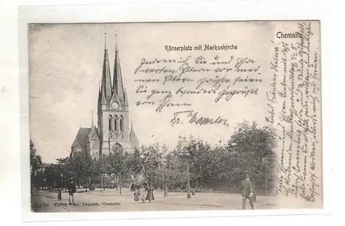 AK Sachsen ; Chemnitz Körnerplatz, St. Markuskirche 1904 Personen - belebt