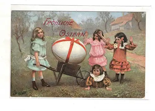 AK Ostern : Fröhliche Ostern Kinder Mädchen mit Osterei in der Schubkarre