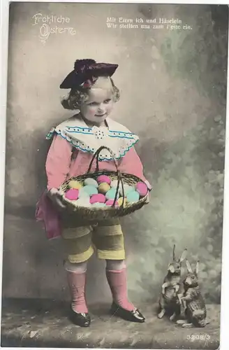 AK Niedliches kleines Mädchen wünscht Fröhliche Ostern mit Korb voller Ostereier