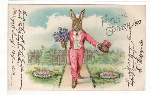 AK Ostern : Eleganter Osterhase als Kavalier wünscht fröhliche Ostern 1905