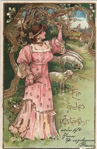 AK Ostern : Frohes Osterfest Gold Prägedruck Karte Elegante Dame mit Schafe 1904