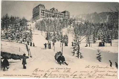 AK Schweiz Caux Kanton Waadt Grand Hotel Winter Vergnügen Schlitten fahren 1903