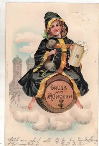 AK München ; Münchner Kindl auf Bierfass mit Masskrug Prägedruck Lithographie