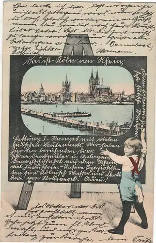 AK NRW ; Köln Ansicht auf einer Schultafel mit einen Schulkind 1906