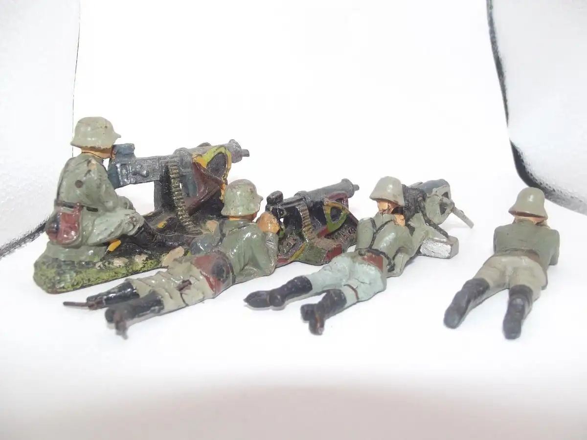 Hausser Elastolin 4 x Soldaten Heer : Maschinengewehr Gruppe mit Beobachter