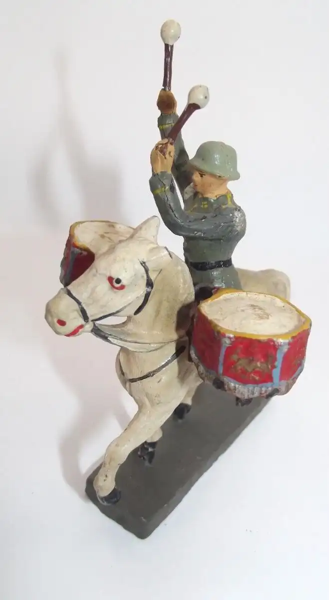 Elastolin - Heer :  Parade Musiker Soldat mit Trommel zu Pferd