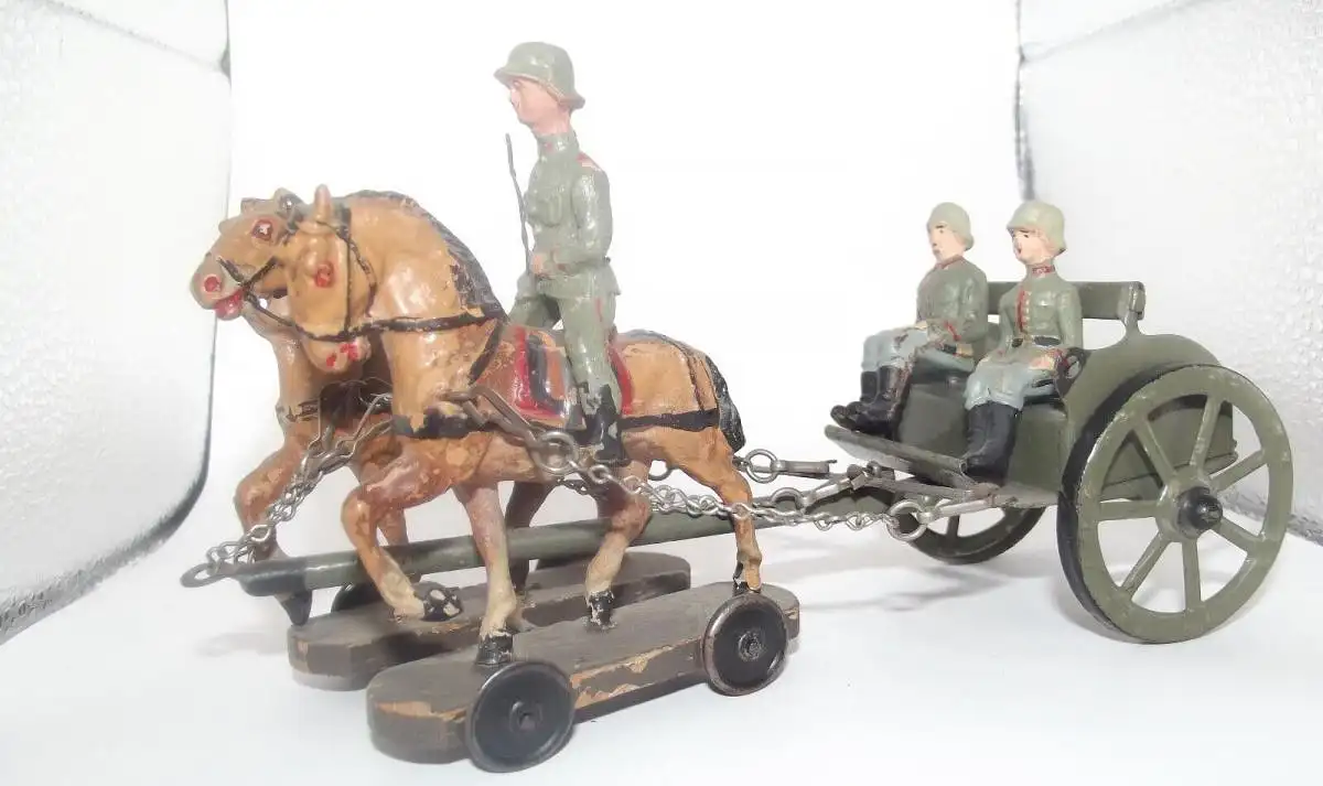 Für Lineol und Elastolin Pferde Gespann mit Blech Kutsche 3 Soldaten 0