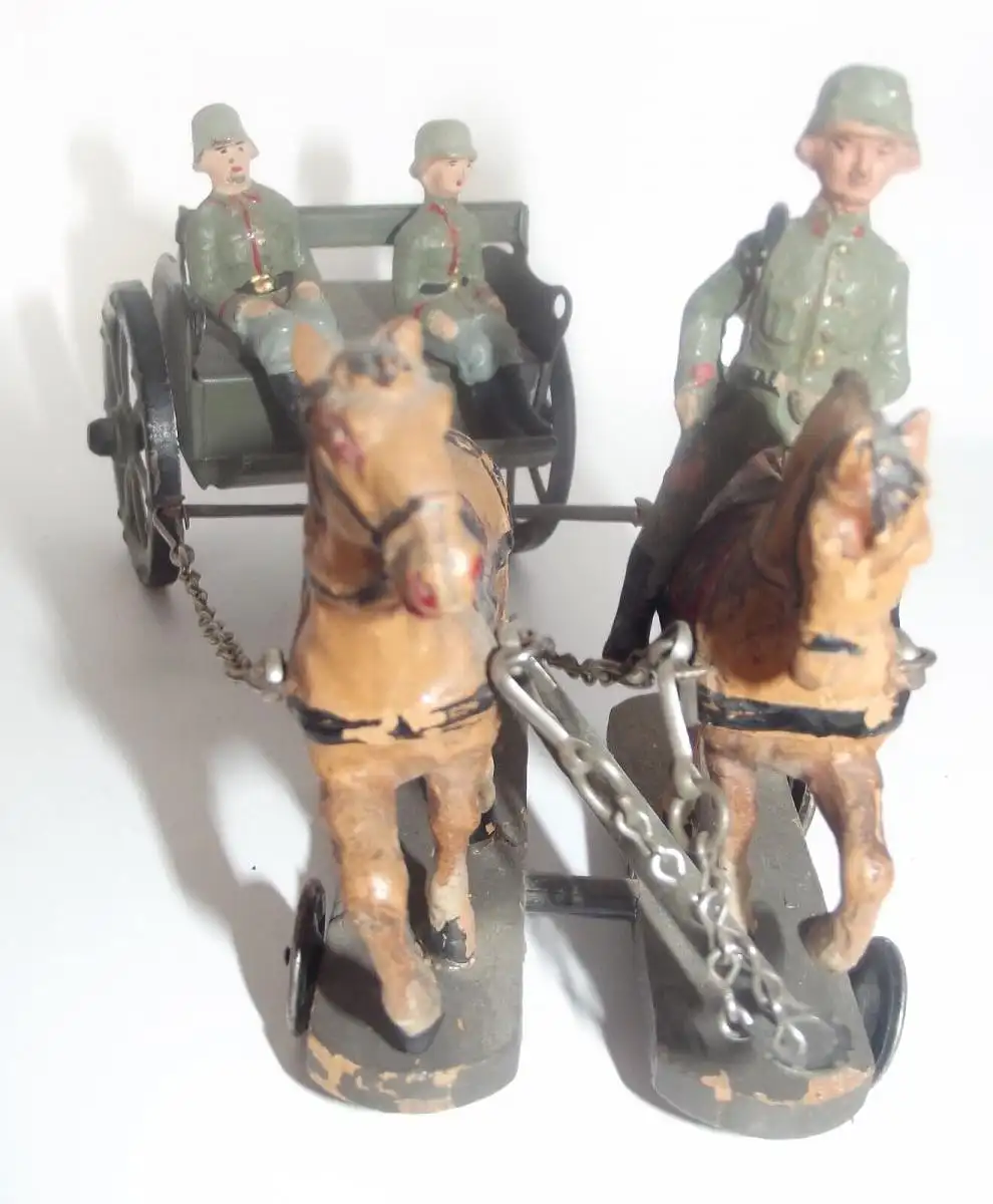 Für Lineol und Elastolin Pferde Gespann mit Blech Kutsche 3 Soldaten 1
