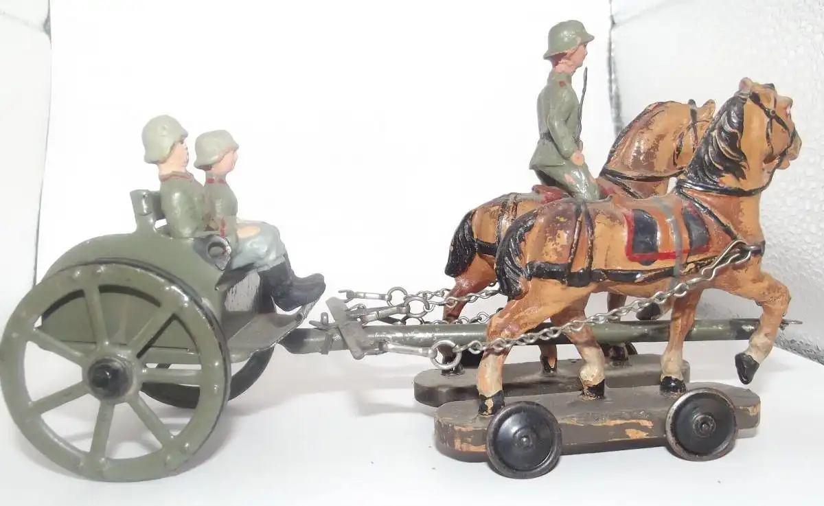 Für Lineol und Elastolin Pferde Gespann mit Blech Kutsche 3 Soldaten 3