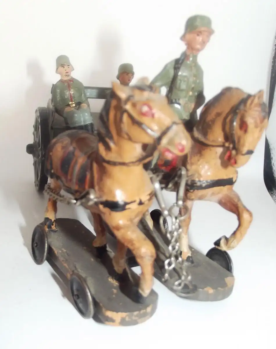 Für Lineol und Elastolin Pferde Gespann mit Blech Kutsche 3 Soldaten 4