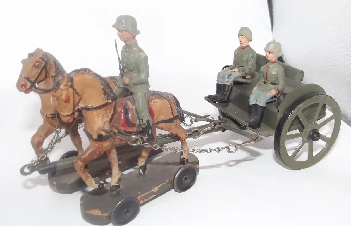 Für Lineol und Elastolin Pferde Gespann mit Blech Kutsche 3 Soldaten 5