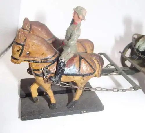 Für Lineol und Elastolin Pferde Gespann mit Blech Kutsche 3 Soldaten Nachschub