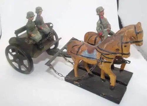 Für Lineol und Elastolin Pferde Gespann mit Blech Kutsche 3 Soldaten Nachschub