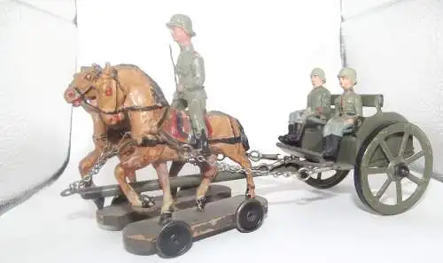 Für Lineol und Elastolin Pferde Gespann mit Blech Kutsche 3 Soldaten