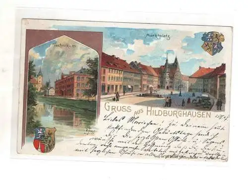 AK Thüringen ; Hildburghausen Technikum - Marktplatz Lithographie 1904