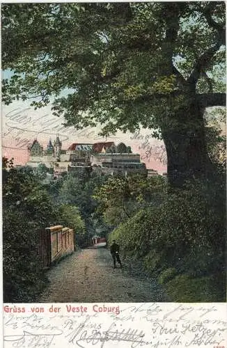 AK Bayern - Coburg Blick auf die Veste mit Spaziergänger 1904