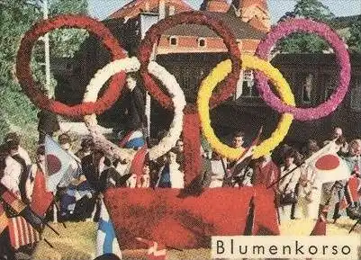 ÄLTERE POSTKARTE BAD NEUENAHR BLUMENKORSO OLYMPIA PRINZESSIN Olympische Ringe olympic games princess Mondfahrt rocket