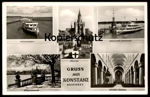 ÄLTERE POSTKARTE GRUSS AUS KONSTANZ MOTORSCHIFF MS KARLSRUHE Hafen ship bateau Ansichtskarte AK cpa postcard