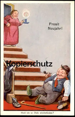 ALTE KÜNSTLER POSTKARTE MUSS ICH SO DICH WIEDERFINDEN EHEPAAR NEUJAHR drunken man Paar couple pair Humor humour cpa AK