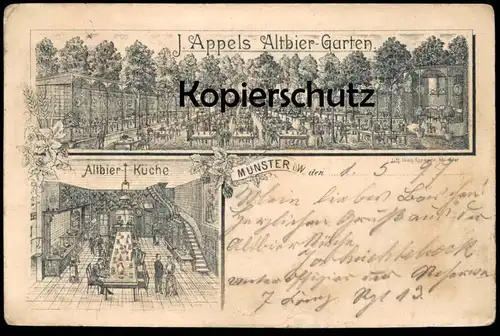 ALTE LITHO POSTKARTE MÜNSTER 1897 J. APPELS ALTBIER GARTEN ALTBIER KÜCHE Appel kitchen cuisine Ansichtskarte postcard