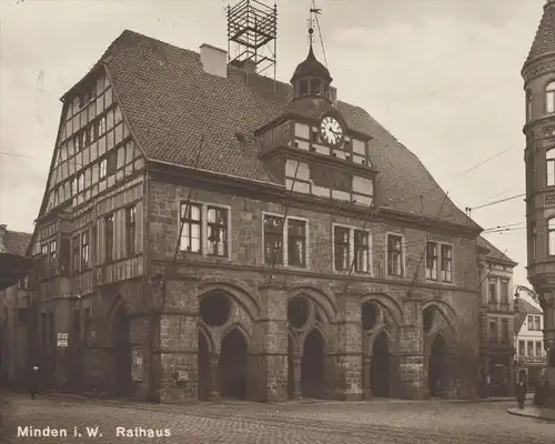 ALTE POSTKARTE MINDEN IN WESTFALEN RATHAUS MIT ANTENNE STRASSENBAHN Tram tramway Ansichtskarte postcard cpa AK