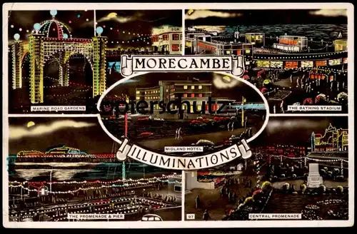 ALTE POSTKARTE MORECAMBE BY NIGHT MARINE ROAD GARDENS BATHING STADIUM PIER PROMENADE ILLUMINATIONS Lancashire Nacht nuit