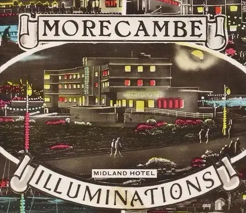 ALTE POSTKARTE MORECAMBE BY NIGHT MARINE ROAD GARDENS BATHING STADIUM PIER PROMENADE ILLUMINATIONS Lancashire Nacht nuit