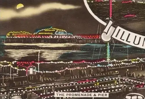 ALTE POSTKARTE MORECAMBE BY NIGHT MARINE ROAD GARDENS BATHING STADIUM PIER PROMENADE ILLUMINATIONS Lancashire Nacht nuit