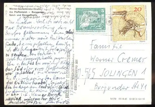 ÄLTERE POSTKARTE SCHWERIN WERNER-SEELENBINDER-STRASSE AM PFAFFENTEICH BURGGARTEN SPORTHALLE Trabant Bus car postcard DD