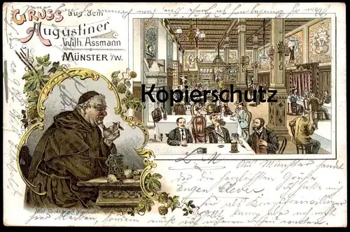 ALTE LITHO POSTKARTE GRUSS AUS DEM AUGUSTINER MÜNSTER Mönch monk moine Studenten studentika studentica cpa postcard AK