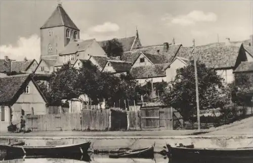 ÄLTERE POSTKARTE PLAU AM SEGLERHEIM BLICK ZUR KIRCHE AM KANAL SEELUST MECKLENBURG WAPPEN Ansichtskarte AK cpa postcard