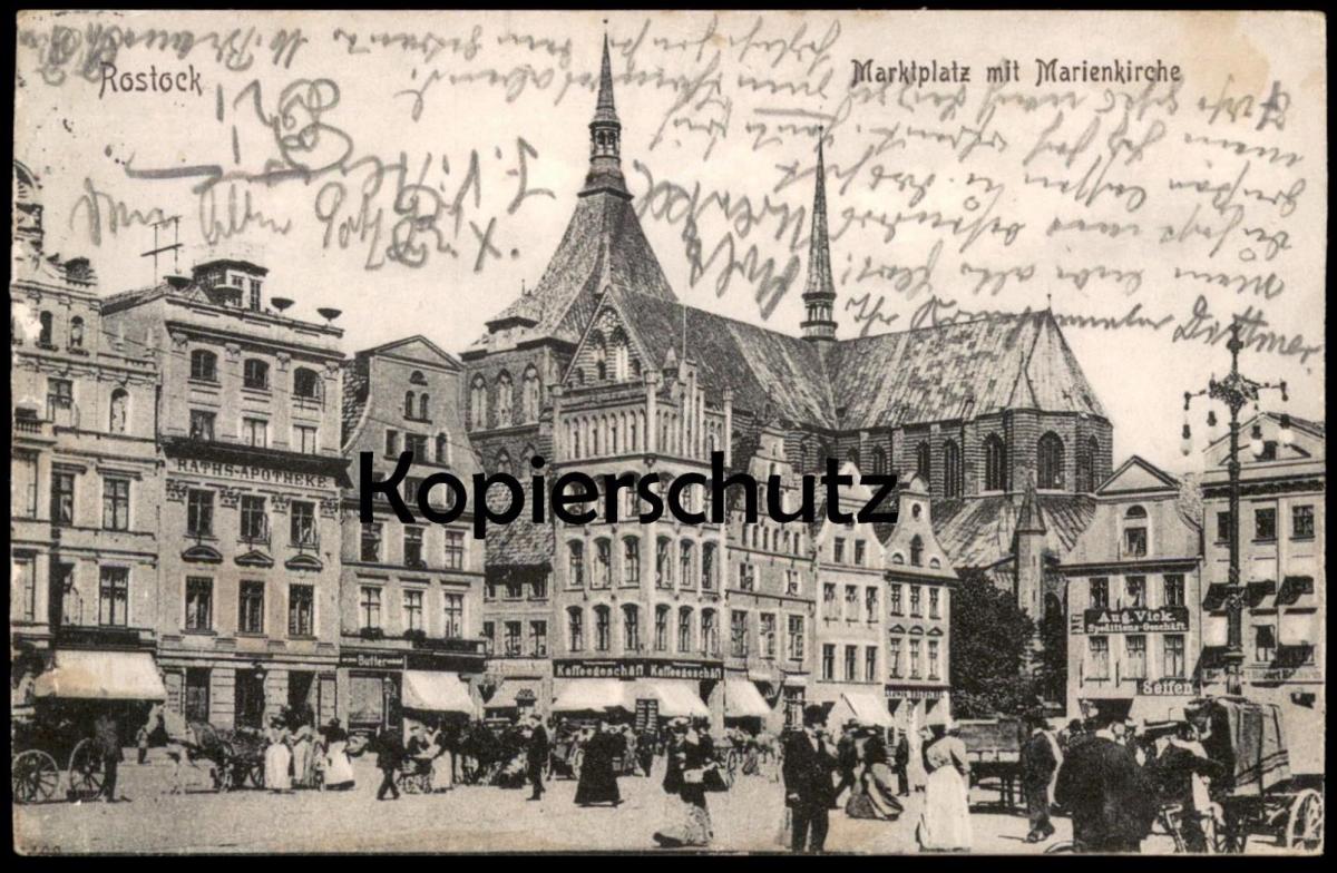 ALTE POSTKARTE ROSTOCK MARKTPLATZ MIT MARIENKIRCHE 1909