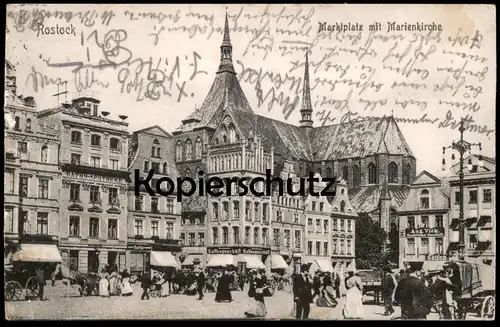 ALTE POSTKARTE ROSTOCK MARKTPLATZ MIT MARIENKIRCHE 1909 Zirkel market marché Kaffeegeschäft Spedition Viek Mecklenburg