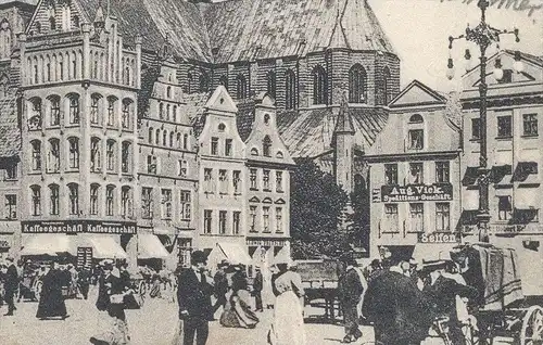 ALTE POSTKARTE ROSTOCK MARKTPLATZ MIT MARIENKIRCHE 1909 Zirkel market marché Kaffeegeschäft Spedition Viek Mecklenburg