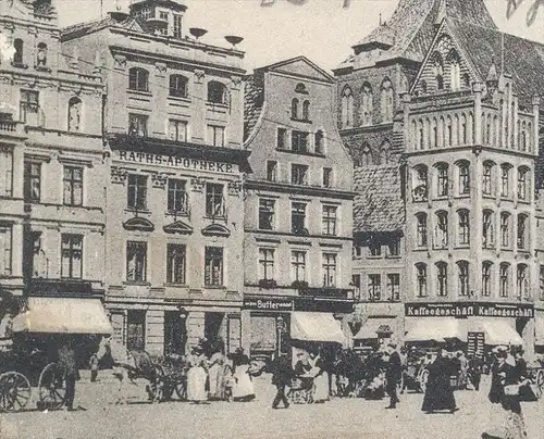 ALTE POSTKARTE ROSTOCK MARKTPLATZ MIT MARIENKIRCHE 1909 Zirkel market marché Kaffeegeschäft Spedition Viek Mecklenburg