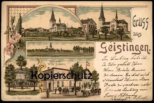 ALTE LITHO POSTKARTE GRUSS AUS GEISTINGEN HENNEF RESTAURANT WILHELM SCHMITZ KRANKENHAUS PASTORAT DREI KAISER EICHE AK