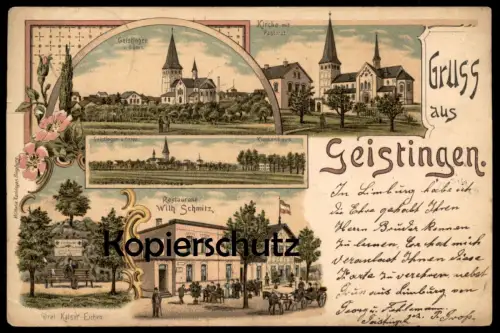 ALTE LITHO POSTKARTE GRUSS AUS GEISTINGEN HENNEF RESTAURANT WILHELM SCHMITZ KRANKENHAUS PASTORAT DREI KAISER EICHE AK