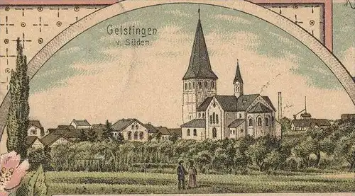 ALTE LITHO POSTKARTE GRUSS AUS GEISTINGEN HENNEF RESTAURANT WILHELM SCHMITZ KRANKENHAUS PASTORAT DREI KAISER EICHE AK