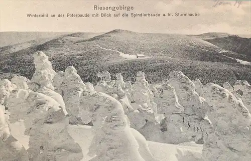 ALTE POSTKARTE RIESENGEBIRGE WINTERBILD AN DER PETERBAUDE 1914 BLICK SPINDLERBAUDE BÖHMEN Petrova bouda cpa postcard AK