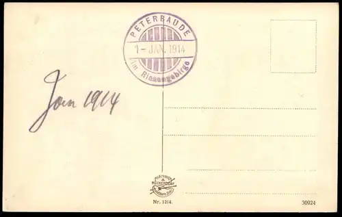ALTE POSTKARTE RIESENGEBIRGE WINTERBILD AN DER PETERBAUDE 1914 BLICK SPINDLERBAUDE BÖHMEN Petrova bouda cpa postcard AK