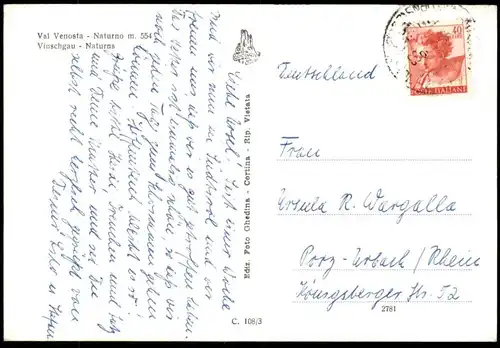 ÄLTERE POSTKARTE VAL VENOSTA NATURNO VINSCHGAU NATURNS BEI MERAN Alto Adige Trentino Provinz Bozen cpa postcard AK