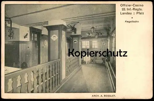 ALTE POSTKARTE LANDAU OFFIZIER-CASINO 23. INF. REGT. KEGELBAHN camp kegeln jeu de quilles quille ninepins bowling cpa AK