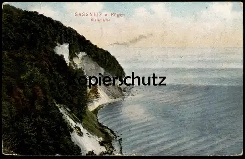 ALTE POSTKARTE OSTSEEBAD SASSNITZ AUF INSEL RÜGEN KIELER UFER RAUCH EINES DAMPFERS Ansichtskarte postcard Strand beach