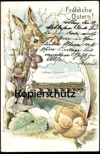 ALTE LITHO POSTKARTE COBLENZ FRÖHLICHE OSTERN MOSELBRÜCKE KOBLENZ HASE KÜKEN easter hare rabbit lièvre paques buck chick