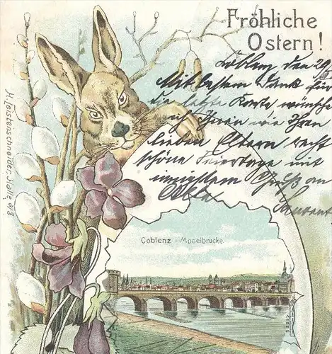 ALTE LITHO POSTKARTE COBLENZ FRÖHLICHE OSTERN MOSELBRÜCKE KOBLENZ HASE KÜKEN easter hare rabbit lièvre paques buck chick