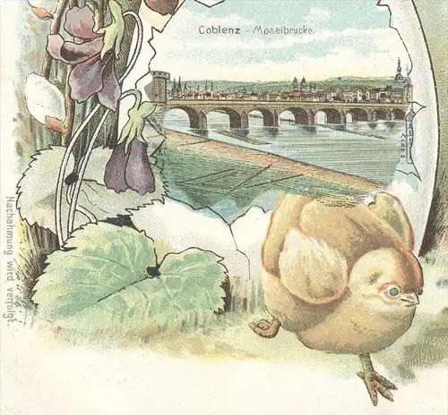 ALTE LITHO POSTKARTE COBLENZ FRÖHLICHE OSTERN MOSELBRÜCKE KOBLENZ HASE KÜKEN easter hare rabbit lièvre paques buck chick