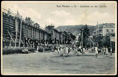 ALTE POSTKARTE BAD MÜNSTER AM STEIN SPIELPLATZ AN DEN SALINEN Kinder children Karussell Ebernburg playground aire de jeu